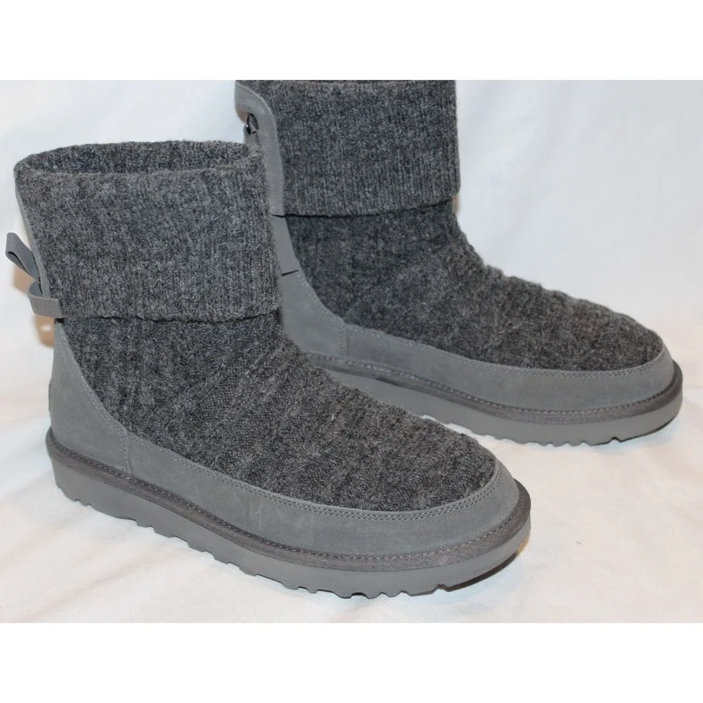 UGG WOMEN'S SUEDE CABLE SWEATER KNIT GRAY BOW ACCENT‎ BOOTS NIB SZ 8